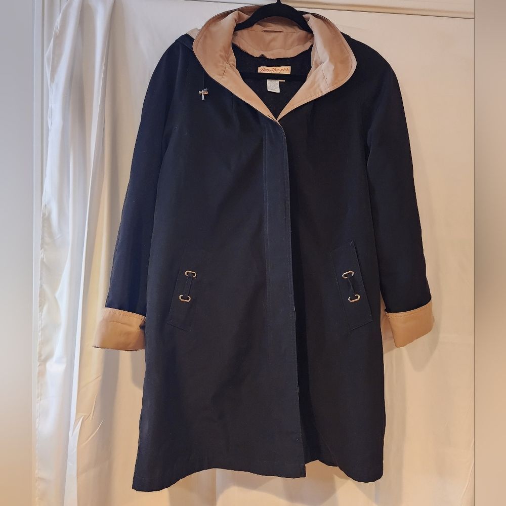 Norm Thompson black and tan lined button up hooded jacket M